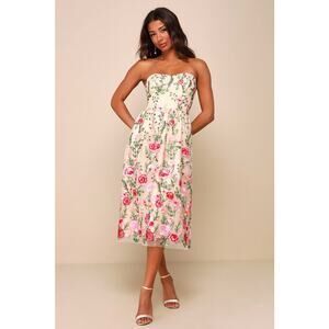 NWT Lulus Endless Praise Beige Floral Embroidered Strapless Midi Dress Size L